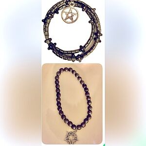 Qty. 2 bracelets Hematite star charm, pentagram, wire wrap & faceted stretch